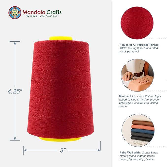 Mandala Crafts 4 Pack of Serger Threads Cones Spools - 40S/2 24000 Yards Polyester Brick Red Threads for Sergers Machine and Overlock Quilting Sewing Machine