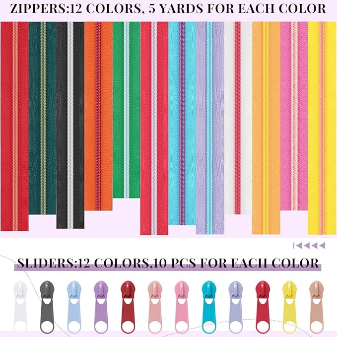 Solsew 12 Pcs 60 Yards Colourful Zippers for Sewing #5 Nylon Contrasting Colors Assorted Zipper by The Yard with 120 Sliders for Women Men DIY Tailor Bag Garment Crafts Supplies(Bright Color)