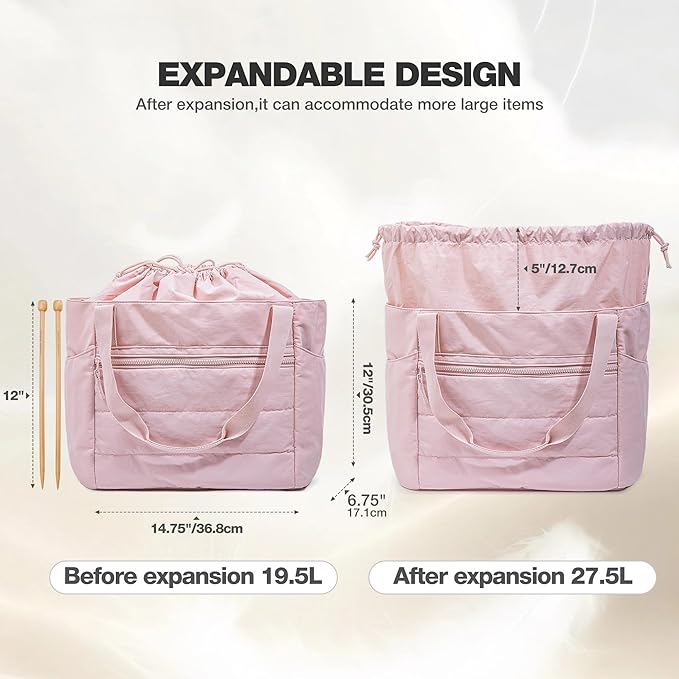 Teamoy Large Knitting Bag Tote, Puffer Yarn Storage Bag, Drawstring Crochet Bag Organizer for Yarn Skeins and Crocheting Supplies, Pink