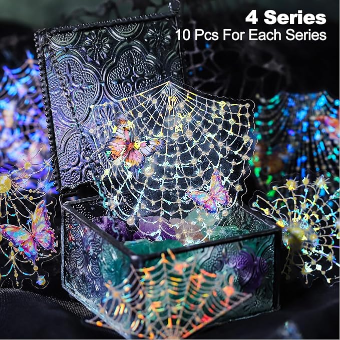 40Pcs Spider Mesh PET Stickers, Large Holographic Stickers for Scrapbooking, DIY Crafts, Journaling Supplies & Junk Journal Ephemera