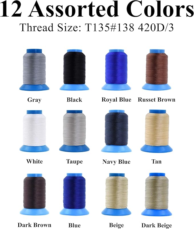 Mandala Crafts Size 138 420D T135 Bonded Nylon Thread - 12 Neutral Colors 1440 YDs Tex 135 Heavy Duty Sewing Threads for Leather, Jeans, Weaving, Outdoor Marine Upholstery