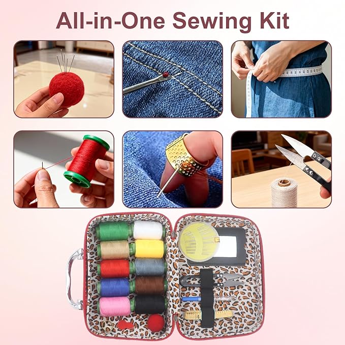 40Pcs Steel Needles for Hand Sewing, Big Eye Steel Sewing Needles Kit with Case, Portable DIY Craft Kits for Adults, Beginner, Emergency,Home,Travel (Red)