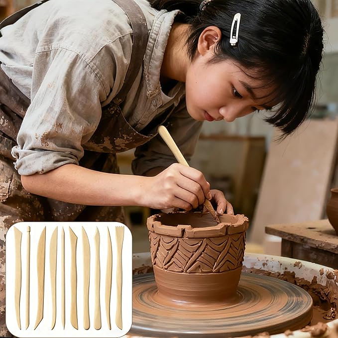 10 Pieces Wooden Clay Sculpting Tools, Double Ended Ceramic Wooden Clay Modeling Sculpture Tools Pottery Dough Modeling Tool Kit for Cutting Carving Shaping Detailing