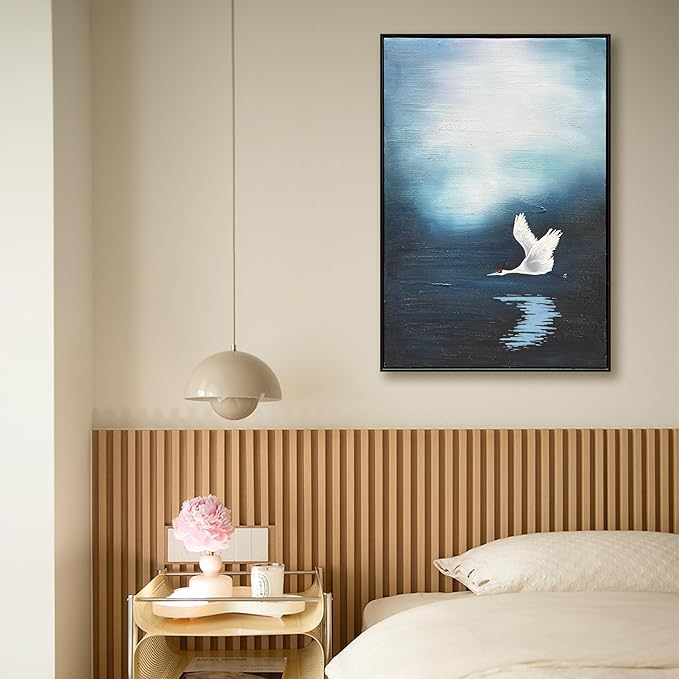 NANKAI Art Hand-Painted Lake Swan Oil Painting in Modern Abstract Style Suitable for Decorative Art for Home Office corridors and Walls. 36x24 inches(with Solid Wood Exterior Frame)