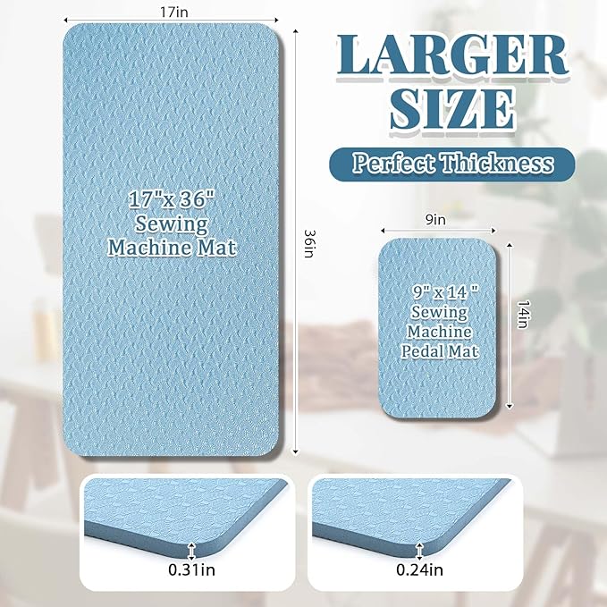 2 Pcs Sewing Machine Muffling Mat Pedal Sewing Mat Reduce Vibrations Noise No Slip Machine Accessories for Quilting(17'' X 36'' and 9'' X 14'',Light Blue)