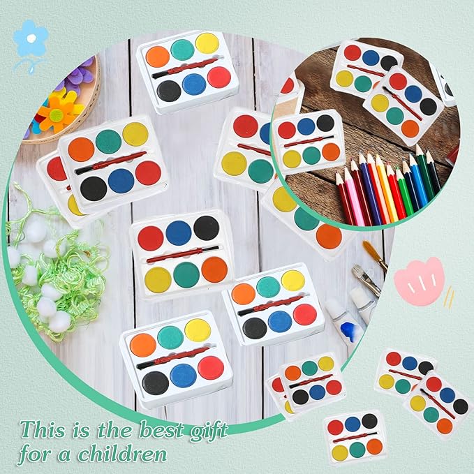 Outus 144 Pcs Watercolor Paint Set Bulk Mini Paint Set Washable Watercolor Palette with Painting Brushes for Art Party Supplies Prizes Stocking Stuffers, 3.3 x 2.6 Inch(6 Colors)
