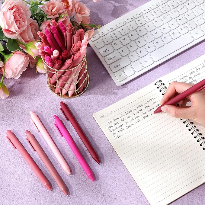 Crtiin 50 Pcs Gel Ink Pens Bulk, Black Ink 0.5mm Fine Point Retractable Pen Smooth Writing Office Supplies for Teacher Server Nurse Christmas Charity Donation Valentine (Pink Series)