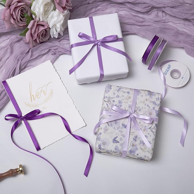 Purple Double Face Satin Ribbon 3/8 Inch x 45 Yards Lavender Fabric Ribbon for Gift Wrapping, Flower Bouquets, Hair Bows Making, Wedding Decoration, Invitation Cards, Christmas (3 Rolls *15Yd)