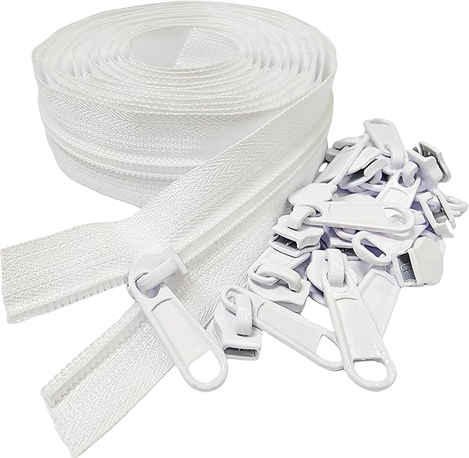 MebuZip #5 Nylon Coil Zippers by The Yard Bulk Zipper Roll Zipper Tape 10 Yards with 25pcs Pulls for Sewing Tailor DIY Craft Bags Pillows (White 10Yards)