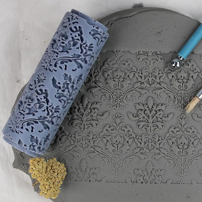 Victorian Damask Clay Texture Roller (4") - Seamless Set #01 - Embossing Pattern Roller for Polymer & Ceramic Clay, Pottery & Crafts