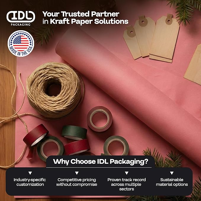 12" x 1200" (100 feet) Pink Kraft Paper Roll, Pack of 4 - USA-Made Quality Craft Paper for Gift Wrapping, Kids Arts & Crafts, School Projects - 100% Recycled Natural, 50lb Thickness by IDL Packaging