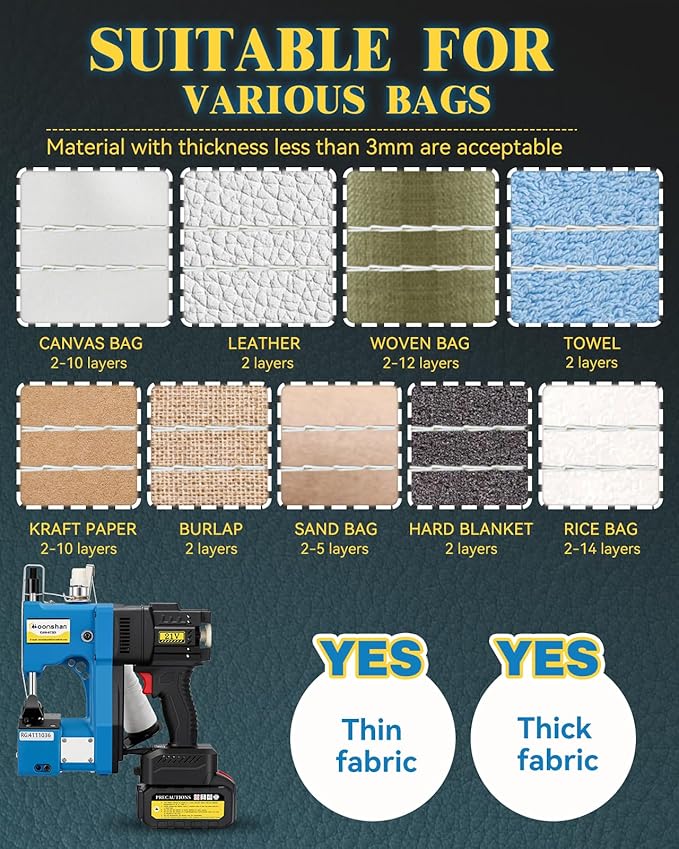 Cordless Bag Closer Machine, Adjustable Speed Industrial Bag Closing Machine Bag Sewing Machine Automatic Thread Cutting Machine for Packing Woven Bags Non-Woven Fabrics Leather GS8-073D