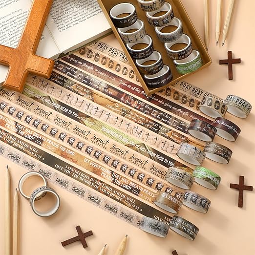 Janlaugh 24 Rolls Christian Washi Tape Gifts Bulk Religious Inspirational Scripture Supplies Rustic Bible Verse Washi Tape for Bible Journaling Study Crafting New Year DIY Gifts