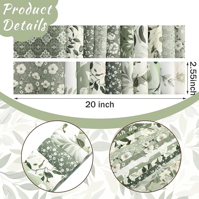 Ganeen 100 Pcs Sage Green Quilting Fabric Roll 2.56 Inch Fabric Squares Jelly Patchwork Precut Strips Bundles for Holiday Materials Craft DIY Sewing Cloths