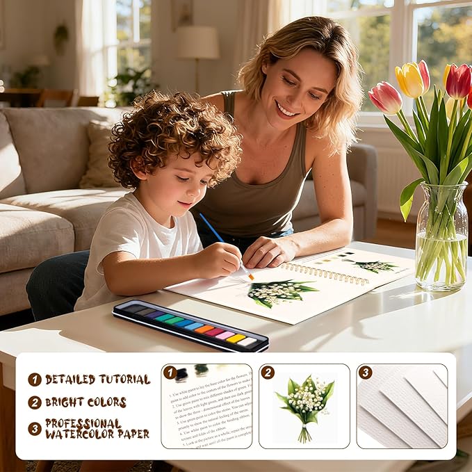 Kivzex Watercolor Workbook for Adults, Beginner Friendly Watercolor Painting Kit Bouquet Water Coloring Book, Nature-Themed Practice Art Gift Water Color Paint Book with Palette and Brush