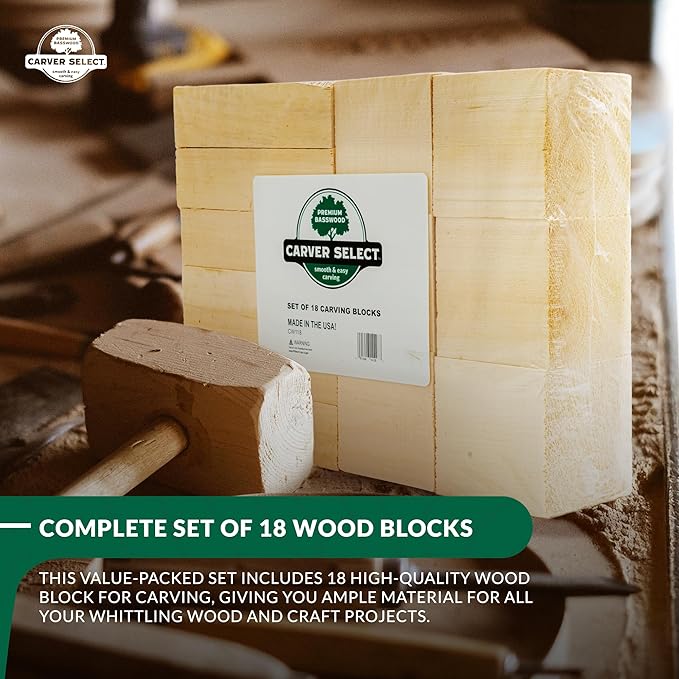 Basswood Carving Blocks Set of 18 – Wood Carving Kit with Premium Bass Blocks – for Crafts & Whittling – Ideal for Beginners & Professionals