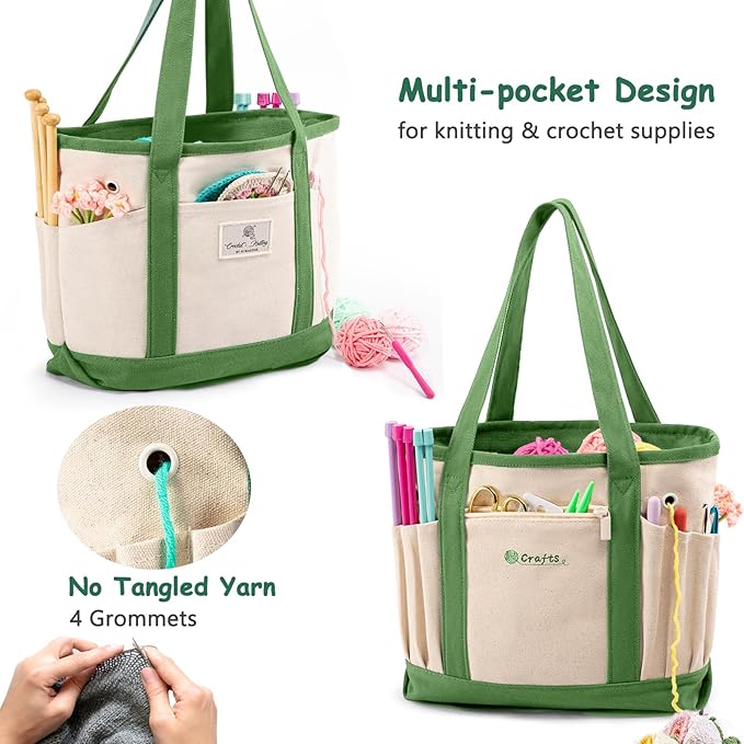 MYBAGZING Canvas Yarn Storage Organizer Bag Washable Crochet Bag with Pockets for Yarn, Hooks, Needles – Travel Knitting Tote for Crafters – Gift for Crocheters & Knitters (Medium/Large)