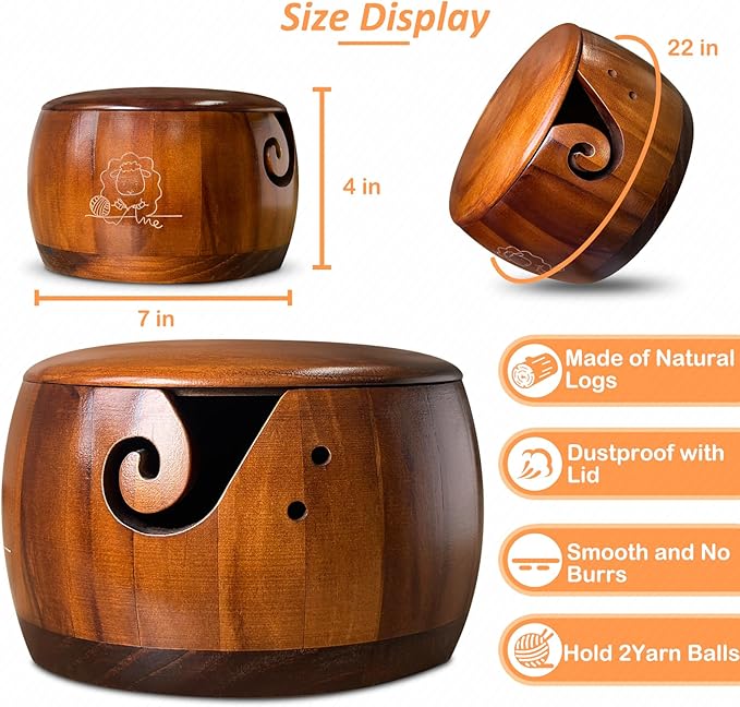 Wooden Yarn Bowl,Yarn Bowl with Lid, Knitting Yarn Bowl with Holes Storage,Yarn Holder Bowl for Crocheting and Knitting 7.2X4.2in,Crochet Bowls for Yarn,Knitting Bowl for Handmade Crocheting