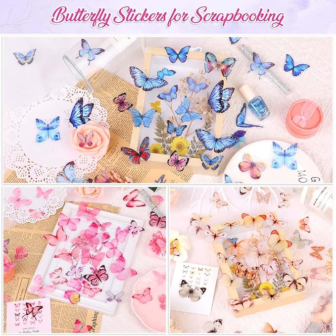 401Pcs Transparent Flower and Butterfly Stickers, Clear Floral Scrapbook Stickers Supplies for Journal Planner Notebook Resin Card Making Laptop Cell Phone Decorating