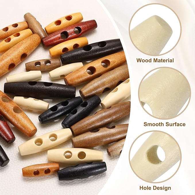 HARFINGTON 25pcs Wooden Toggle Buttons 30mm / 1.2" Double Hole Wood Olive Horn Sewing Buttons for Coat Sweaters Clothing DIY Craft, Light Brown