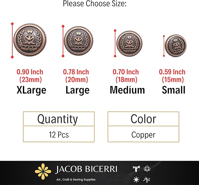 Antique Copper Metal Buttons - 12 Pcs - 4 Size Options - Crown of Rome Round Metal Shank Buttons Vintage for Men Women Blazer Coat Uniform Shirt Suit and Jacket Sewing Craft DIY N19302