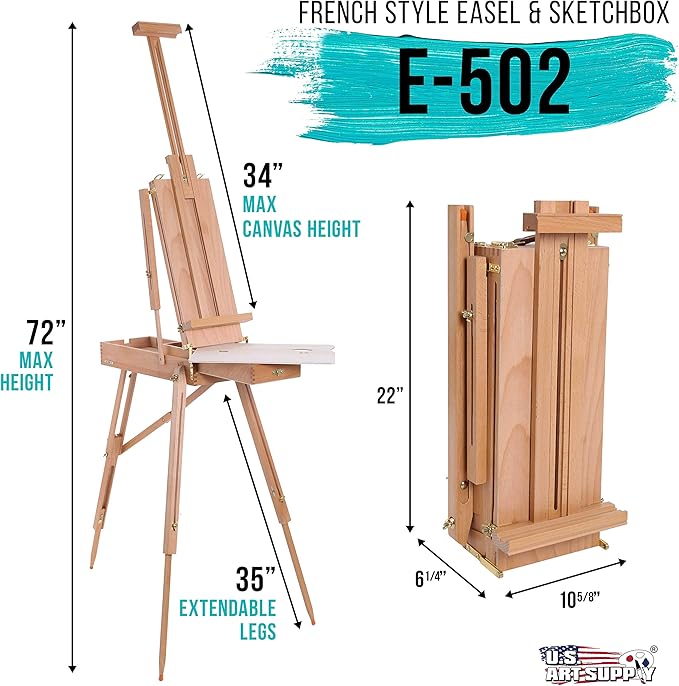 U.S. Art Supply Coronado Small Wooden French Style Field & Studio Sketchbox Easel - Art Easel for Adults, Drawer, Palette - Adjustable Wood Tripod Stand, Portable Artist Table for Painting, Sketching