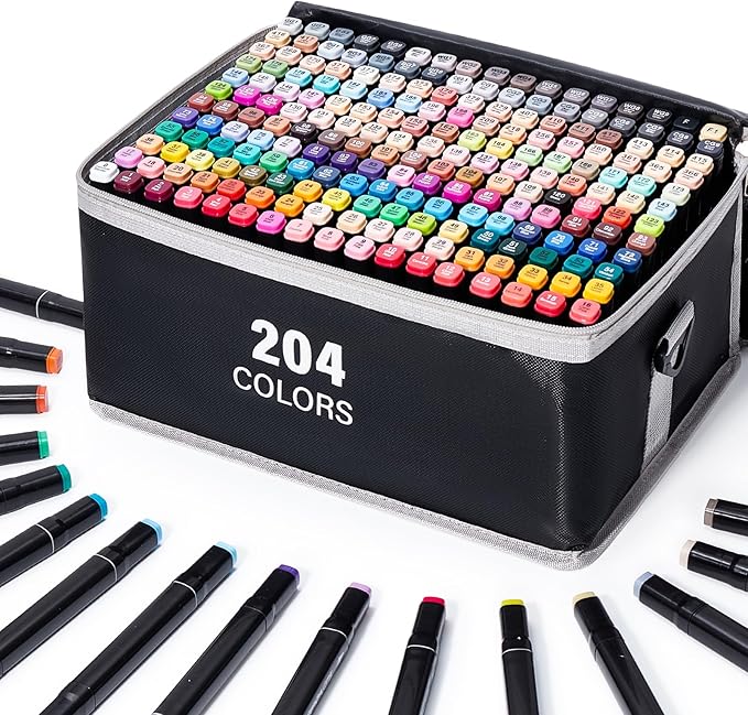 204 Colors Alcohol Markers - Dual Tip Permanent Art Markers Set for Coloring Drawing Painting, Fine and Chisel Tip Alcohol Based Pens with Carrying Case for Adult Artists