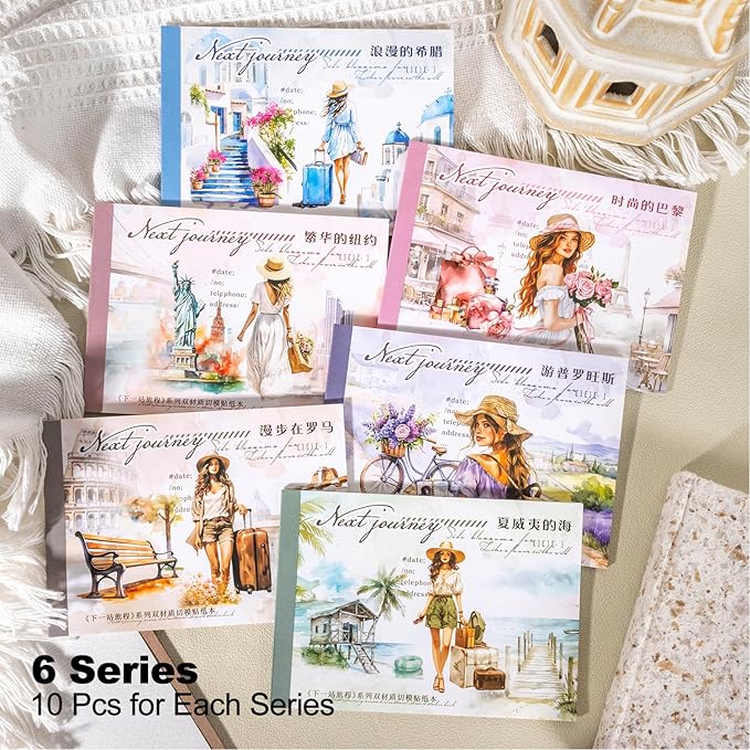 Travel-Themed Vintage Ephemera Sticker Book Set, 60 Pre-Cut PET & Washi Pages for Scrapbooking, Journaling, DIY Projects, and Art Supplies