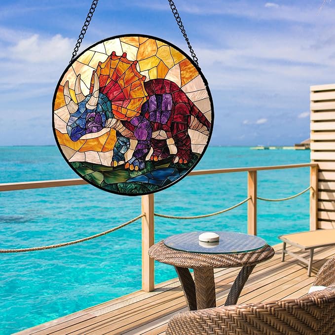 Stained Glass Window Hanging - Triceratops Abstract Dinosaur Suncatcher for Door Terrace Garden Home Decor, Orange Red Sun Catcher Birthday Gifts for Lovers Women Men Dad Mom Nana 7.8 in