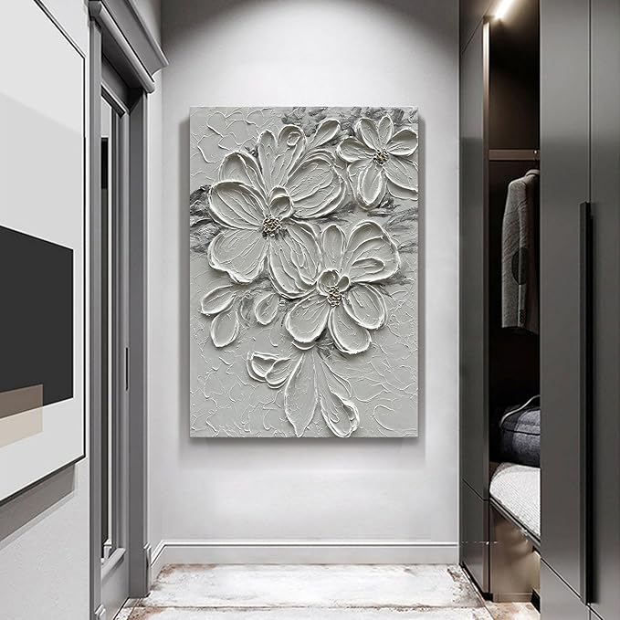 Hand-Painted White Flower Texture Art - 40x28 inches Modern Abstract Home Wall Decorative Art