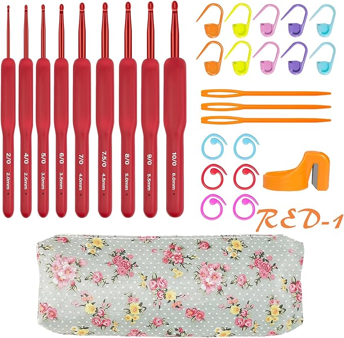 CLYAIYLC 30 Pcs Crochet Hook Set, Red 2-6mm Crochet Hook Ergonomically Designed for Arthritis Hands, Equipped with Knitted Crochet Supplies and Storage Bag, Suitable for Crochet Beginners/Enthusiasts