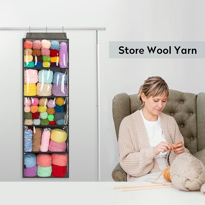 PACMAXI Hanging Yarn Storage Knitting Organizer Storage with 5 Compartments, Clear Wall Display Bulk Yarn Organizer for Knitting Needles, Crochet Hooks(Large Size) (dark grey)