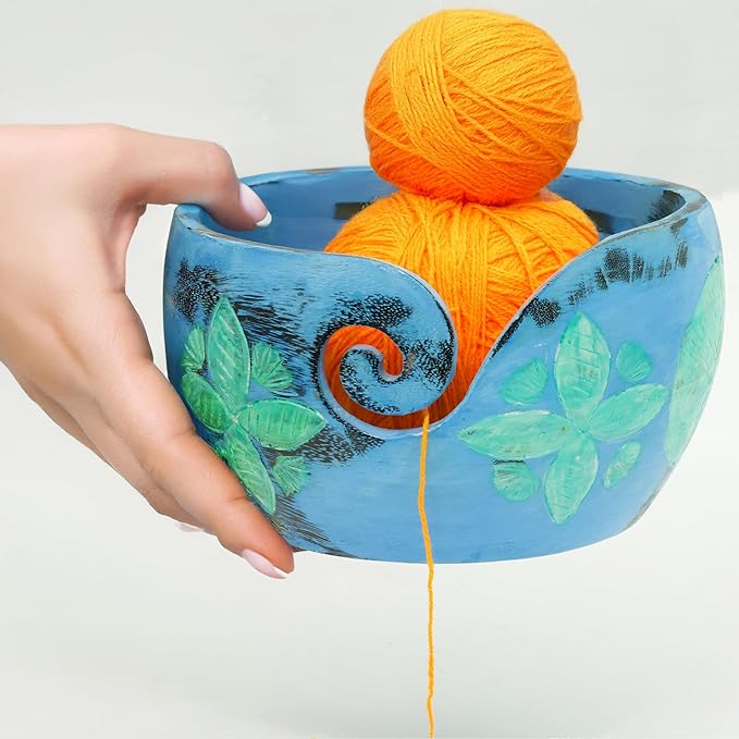 Nagina International Antique Colored Handmade Premium Wooden Yarn Ball Storage Bowl with Yarn Dispensing Curl | Knitting Storage Accessories & Supplies Small (6 x 3 x 6 Inches), Lemon Blue