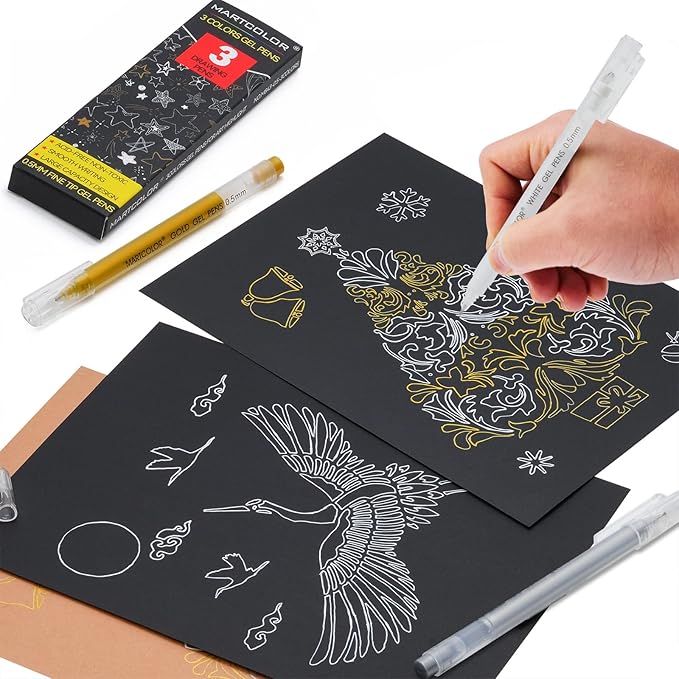 Gold Silver White Gel Pens, 0.5mm Extra Fine Point Opaque Archival Ink Pen for Black Paper Drawing, Art Highlight, Illustration, Bullet Journaling, Card Making & DIY Projects, 3 Pack