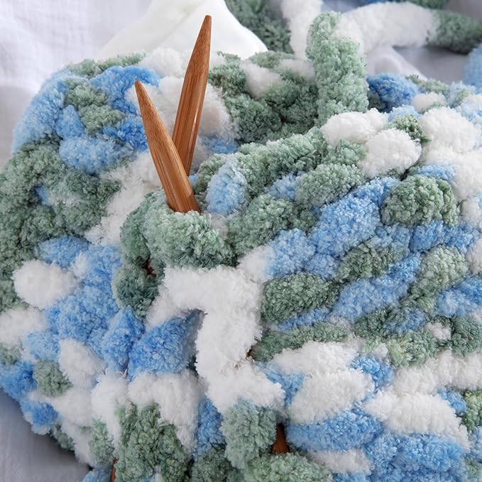 HOMBYS 8 Pack Giant Chunky Yarn for Crocheting,Super Bulky Large Soft Fluffy Yarn,Tie Dye Plush Fuzzy Yarn,Mixed Color Thick Chenille Yarn for Hand Knitting/Arm Knitting (Sky Blue,Green,White)