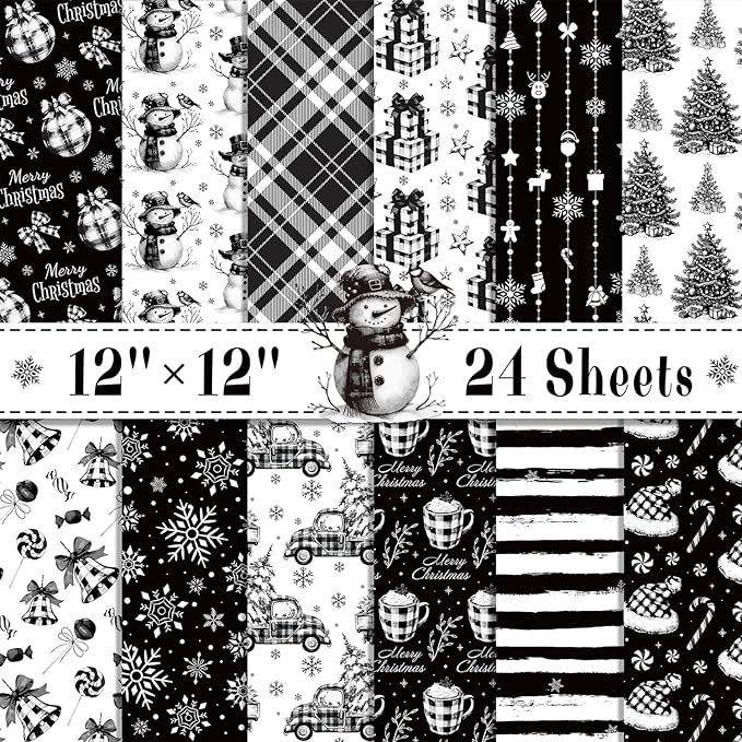 24 Sheets Christmas Scrapbook Paper 12'' × 12'' Double-Sided Xmas Black Plaid Pattern Paper Decorative Art Cardstock for Holiday DIY Crafts Card Making Scrapbook Supplies