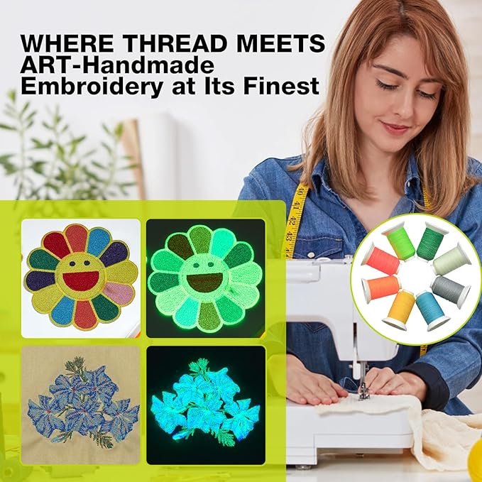 Embroidery Thread Glow in The Darkness - SunBling 8 Colors Polyester 300M/328Yds Each Spool 30D/3 Sewing Thread Kit, Ideal for Machine & Hand Embroidery, Quilting, DIY Crafts & Creative Item