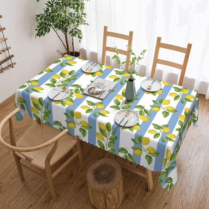 Lemon Rectangle Tablecloth Summer Yellow Lemons Blue and White Striped Table Cloth Dining Table Cover for Home Kitchen Restaurant Party Buffet Picnic 54 x 72 Inch