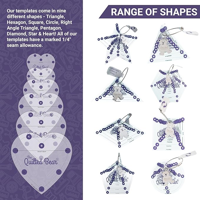 The Quilted Bear Diamond Quilting Templates – 8 Clear Non-Slip Acrylic Quilt Templates for Precise Fabric Cutting & Stress-Free Machine Quilting - Ideal for Quilt & Sewing Supplies (¾–3")