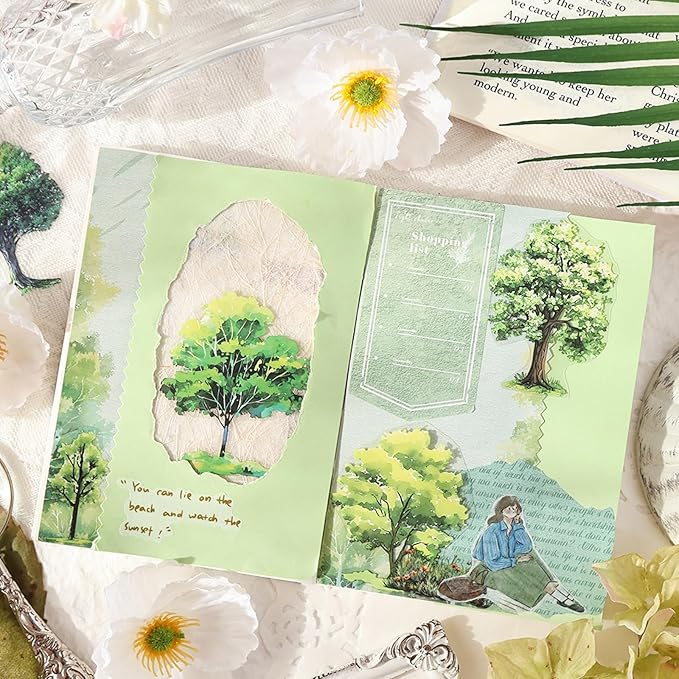 24 Sheets Seasonal Tree PET Stickers Set, Four Seasons Forest & Blossom Designs - Waterproof Pre-Cut Art for Scrapbook Journals Planners DIY Décor