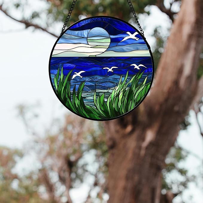 Stained Glass Window Hanging 4 Pcs Set Navy Blue Ocean Landscape Large 15" - Suncatcher Door Garden Sun Catcher Decor Birthday Mother's Day for Mom Woman Nana Girl Boy Friend