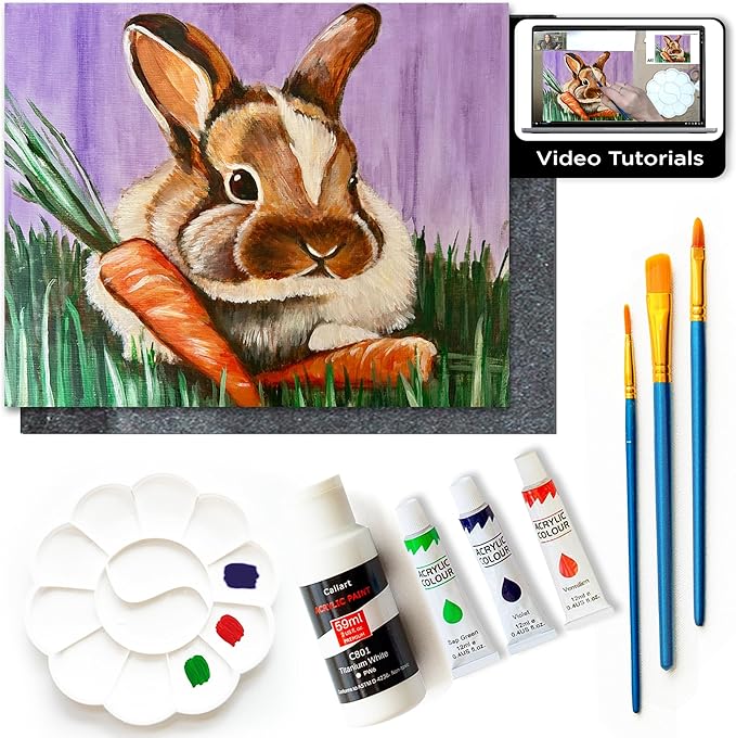 Painting4Real DIY Art Painting Kit for Adults – Learn to Paint Meadow Bunny with Video Tutorials – 9 Pieces Acrylic Paint Set for Adults –Perfect Christmas Crafts & Holiday Gifts for Art Lovers