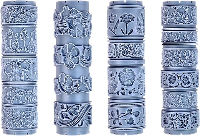 Garden Reverie Collection 4-Pack Clay Texture Rollers (4") - Seamless Border Set #01 - Embossing Pattern Rollers for Polymer & Ceramic Clay, Pottery & Crafts