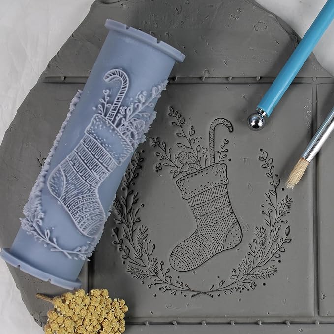 Stuffed Stocking Clay Texture Roller (4") - Christmas Set #01 - Embossing Pattern Roller for Polymer & Ceramic Clay, Pottery & Crafts