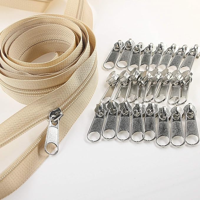 Leekayer #5 Beige Nylon Coil Zippers by The Yard Bulk 10 Yards with 25pcs Silver Sliders for DIY Sewing Tailor Craft Bag(Beige)