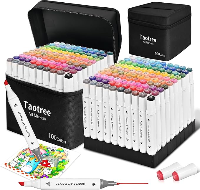 Taotree Alcohol Markers Set 100 Colors with Case & Holders, Dual Tips Art Coloring Markers Pens, Chisel & Fine Art Supplies Sketch Pens for Artist Adult Coloring Books Drawing, Painting, Sketching