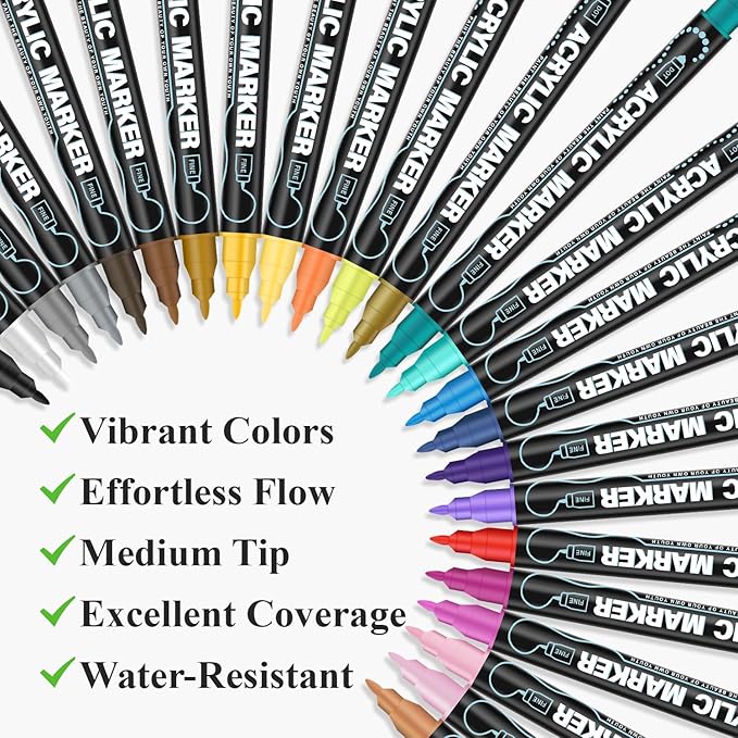 Acrylic Paint Markers, 24 Colors Dual Tip Acrylic Paint Pens for Rock Painting, Fabric, Wood, Canvas, Stone, Glass, Scrapbook, DIY Crafts & Art Supplies - Stocking Stuffers & Christmas Gifts.