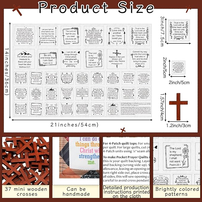 Pocket Prayer Quilt Panel Squares with Small Wooden Crosses Mini Scripture Pocket Prayer Quilt for Friend Family Religious Spiritual Gift Easter Reward Gift(Cute,Brown)