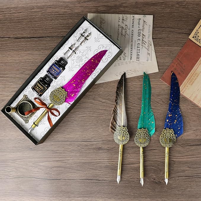 Feather Pen and Ink Set,quill pen ink set,Antique Calligraphy Pen with 4 Replaceable Nibs,2 Bottle of ink,Pen Holder Christmas Gift for Men&Women.(Purple)