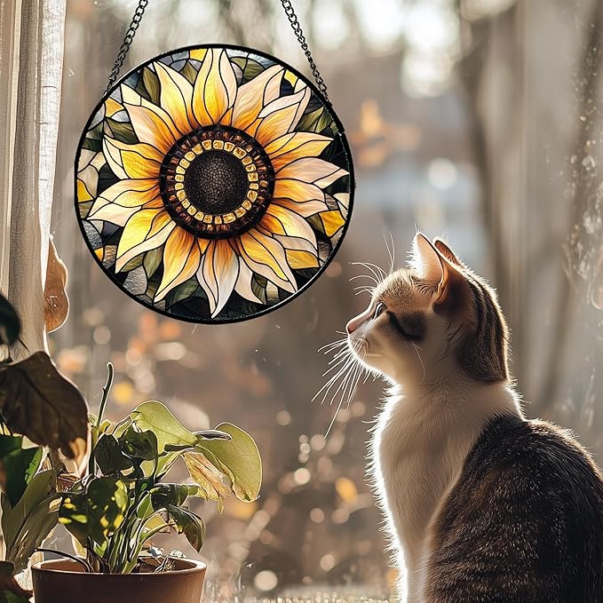 Stained Glass Window Hanging - Sunflower Suncatcher for Door Garden Patio Retro Flower Sun Catchers Decor Christmas Mother's Day Birthday Gifts for Women Mom Nana Friend Wife 6.3 in